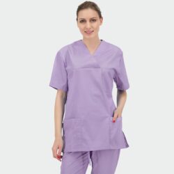Bluză medicală unisex ANGEL lila cu decolteu în V și trei buzunare