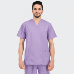 Bluză medicală unisex ANGEL lila cu decolteu în V și trei buzunare