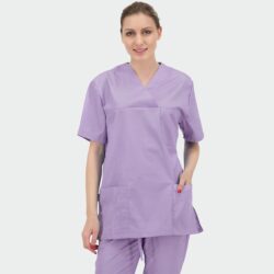 Bluză medicală unisex ANGEL lila cu decolteu în V și trei buzunare