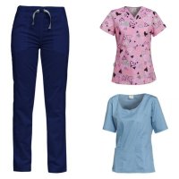 costum medical dama 3 piese bleumarin bleu si roz