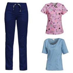 costum medical dama 3 piese bleumarin bleu si roz