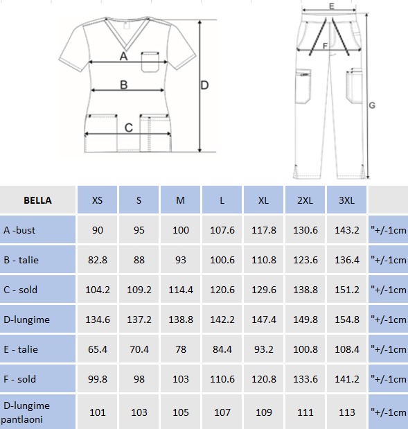 tabel de marimi costum meidcal bella 
