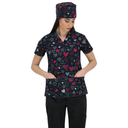 Bluze medicale damă Bambina cu imprimeu inimi negre