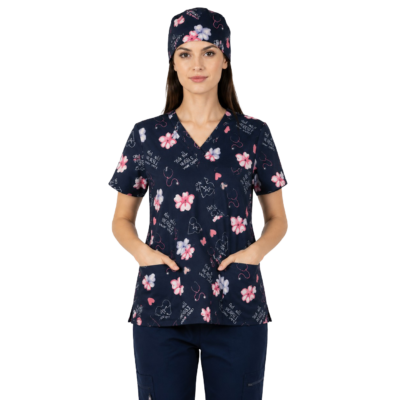 tunica medicala dama neagra cu impriemu flroi roz medactiv