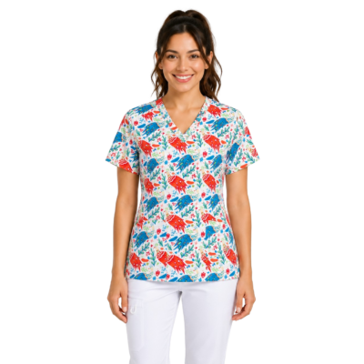 scrub medical dama imprimat alb medactiv
