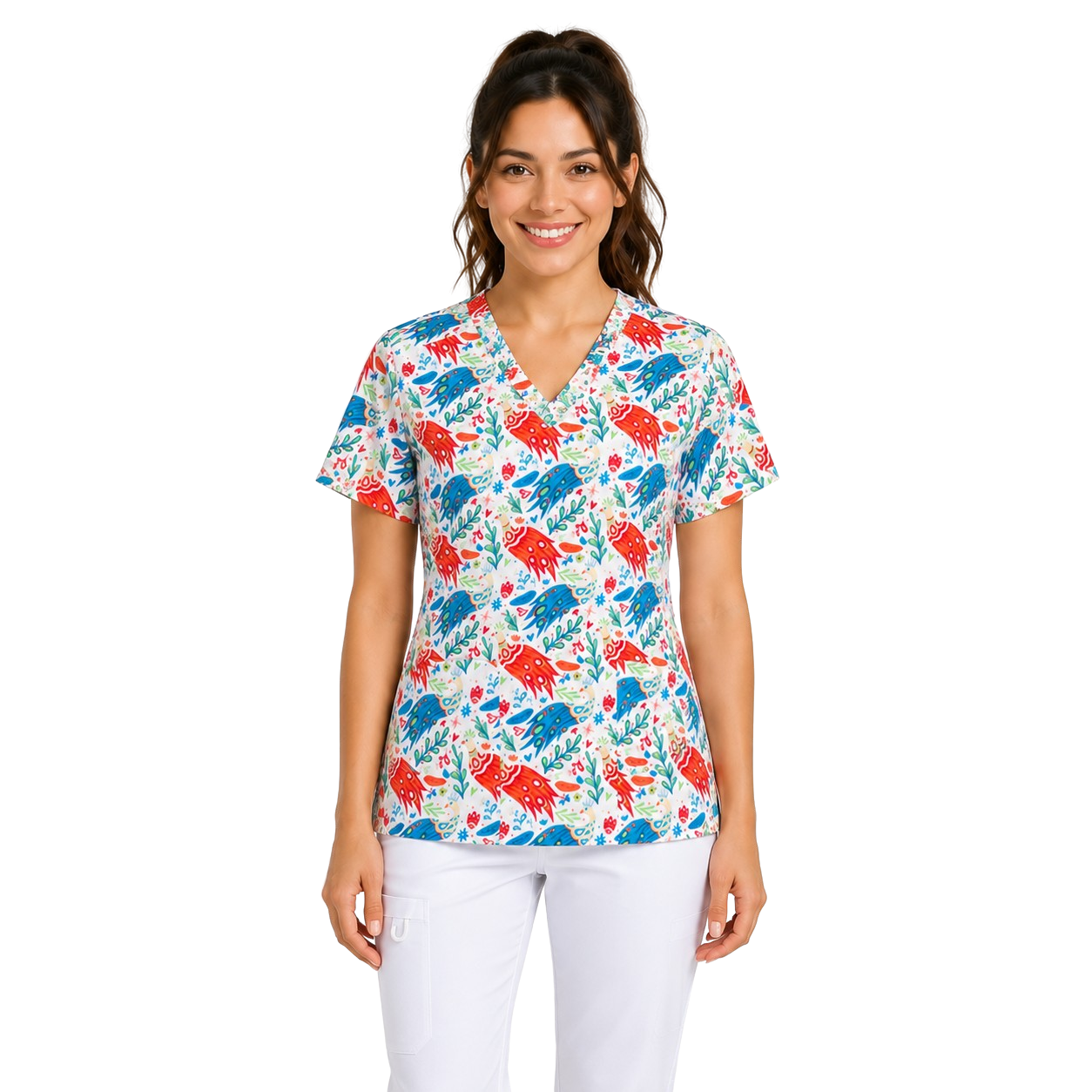 scrub medical dama imprimat alb medactiv