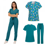 costum medical dama 3 piese Bella verde turcoaz cu bluza imprimata Hawaii set complet