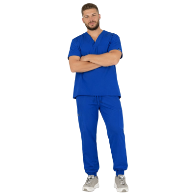 costum medical barbati mateo albastru model sport material elastic
