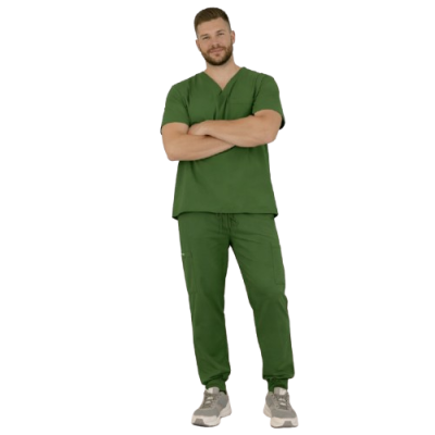 costum medical barbat mate verde oliv model sport materila elastic medactiv