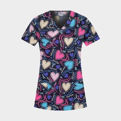 Bluză medicală damă Bambina bumbac elastic imprimeu inimioare Love - XL