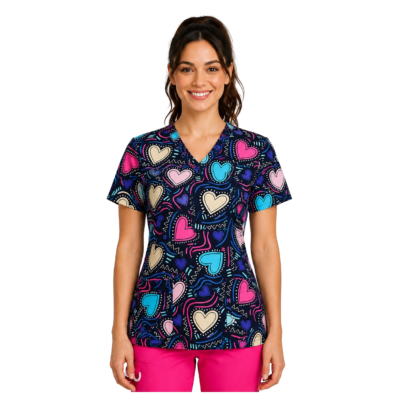 scrub medical dama bleumarin imprimeu inimioare