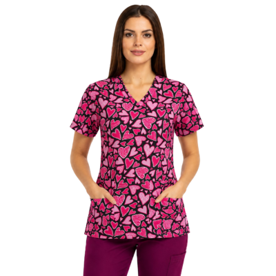 scrub medical tunica dama impriemu inimi roz si rosii medactiv