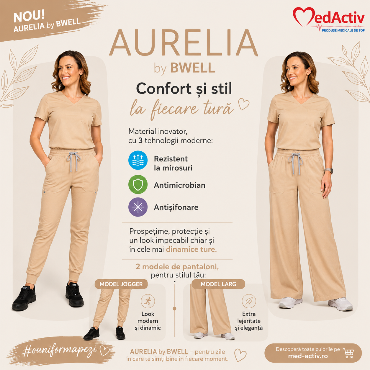 uniforma medicala antimicrobiana aurelia pantaloni moderini tip jogger sau pantaloni model larg de la medactiv