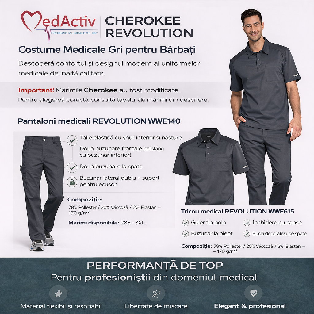Costum Medical Gri Bărbați Cherokee Revolution – Uniformă Modernă și Confortabilă