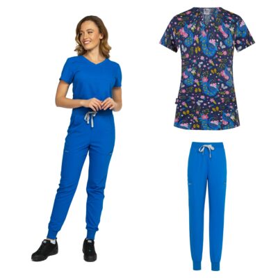 Costum medical 3 piese Aurelia albastru și bluză Bambina Midnight Peacock