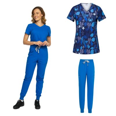 Costum medical 3 piese Aurelia albastru și bluză Isabella imprimeu marin