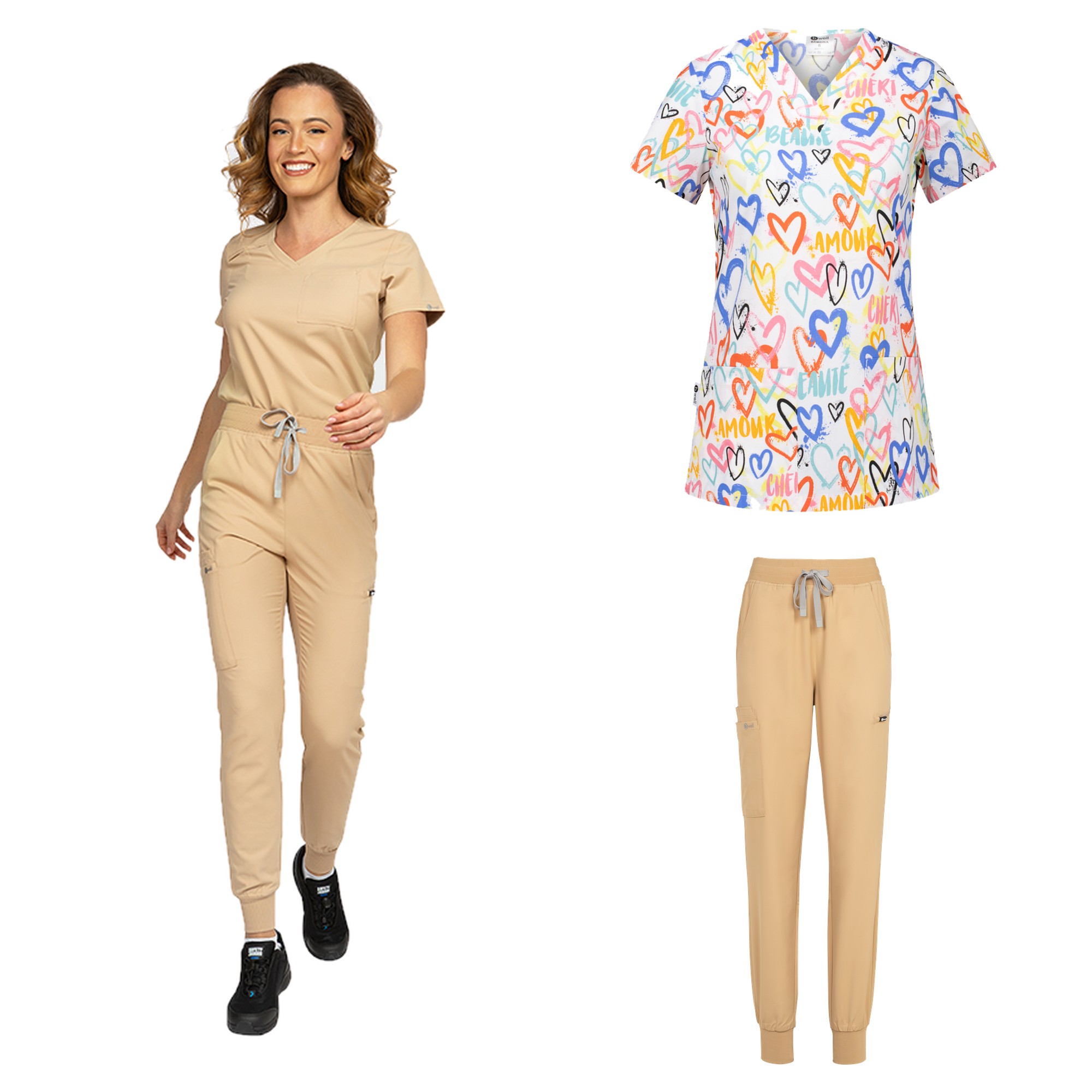Costum medical 3 piese Aurelia bej și bluză Bambina inimi colorate
