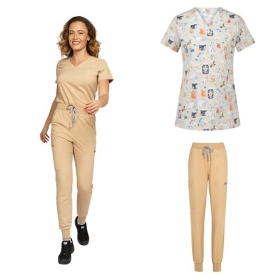 Costum medical 3 piese Aurelia bej și bluză Bambina Pet