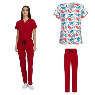 Costum medical 3 piese Bella roșu și bluză Isabella cu imprimeu Colourful Peacock