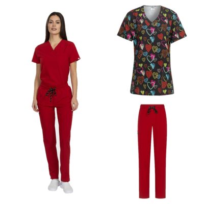 Costum medical 3 piese Bella roșu și bluză Isabella cu imprimeu Colour Love