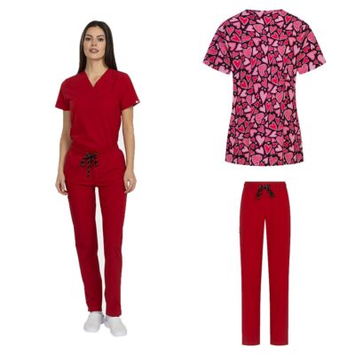 Costum medical 3 piese Bella roșu și bluză Isabella neagră cu inimi roz